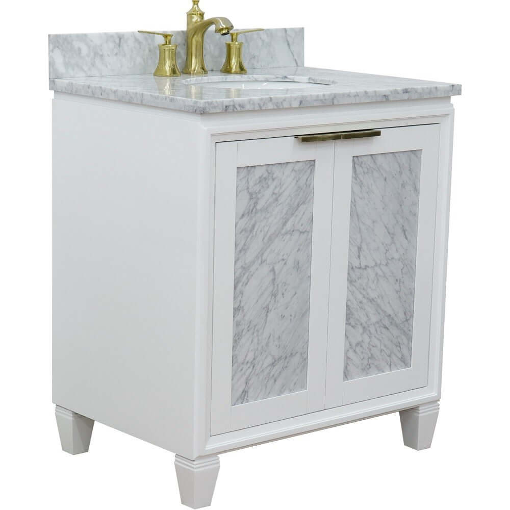 31" Single sink vanity in White finish with White Carrara marble with oval sink - 400990-31-WH-WMO