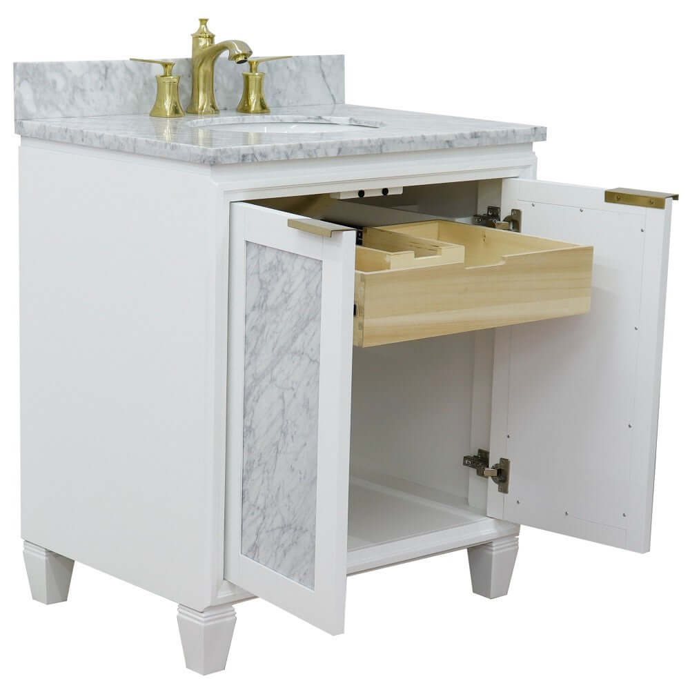 31" Single sink vanity in White finish with White Carrara marble with oval sink - 400990-31-WH-WMO