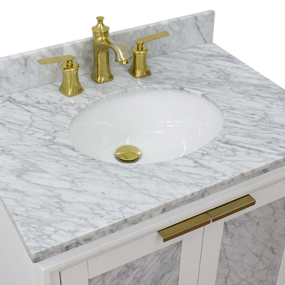 31" Single sink vanity in White finish with White Carrara marble with oval sink - 400990-31-WH-WMO