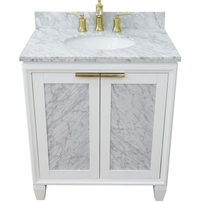 31" Single sink vanity in White finish with White Carrara marble with oval sink - 400990-31-WH-WMO