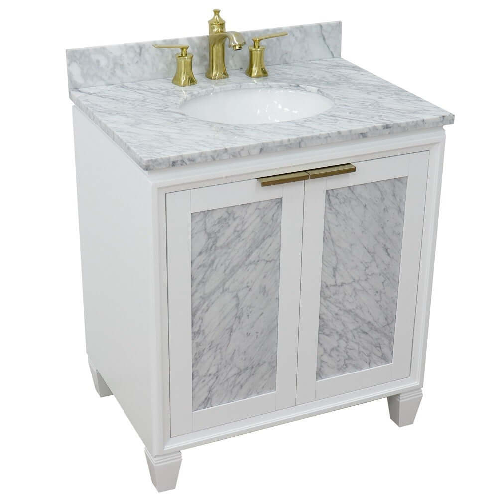 31" Single sink vanity in White finish with White Carrara marble with oval sink - 400990-31-WH-WMO