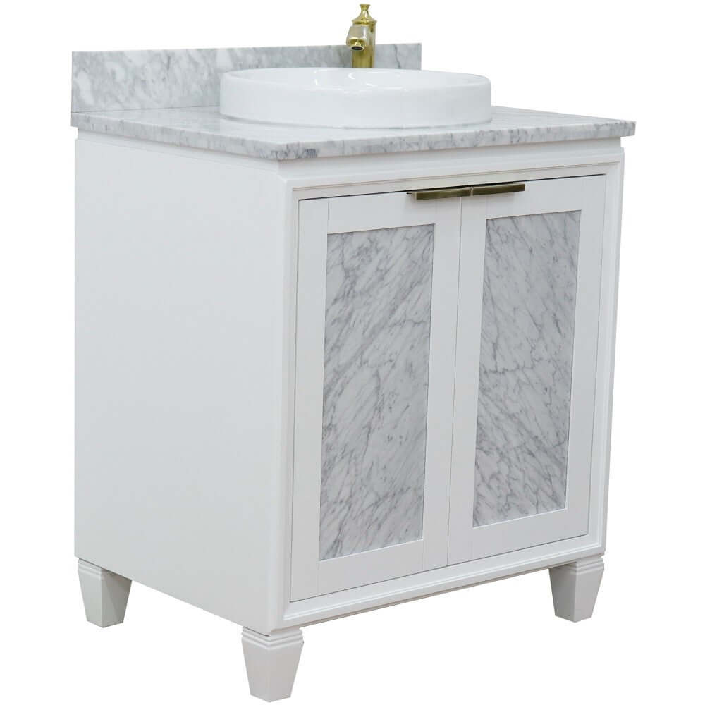 31" Single sink vanity in White finish with White Carrara marble with round sink - 400990-31-WH-WMRD