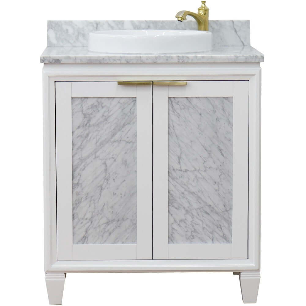 31" Single sink vanity in White finish with White Carrara marble with round sink - 400990-31-WH-WMRD