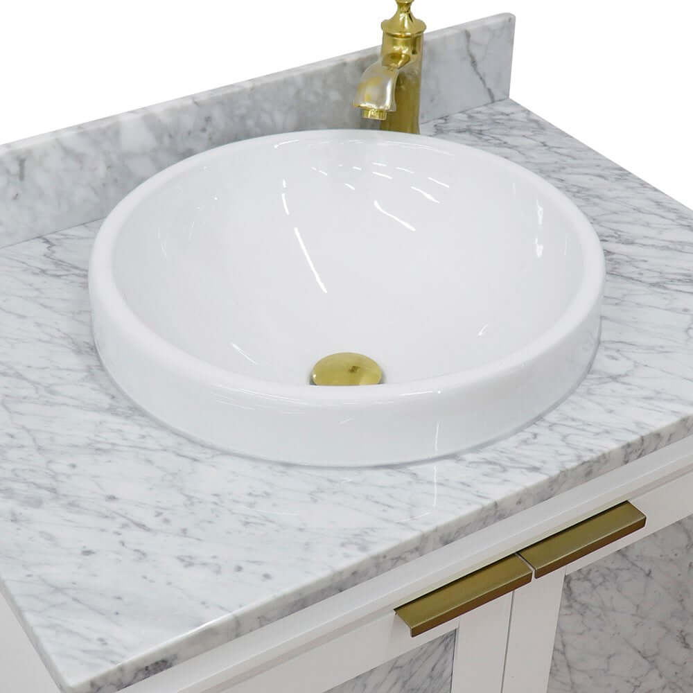 31" Single sink vanity in White finish with White Carrara marble with round sink - 400990-31-WH-WMRD