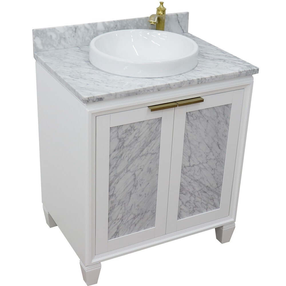 31" Single sink vanity in White finish with White Carrara marble with round sink - 400990-31-WH-WMRD