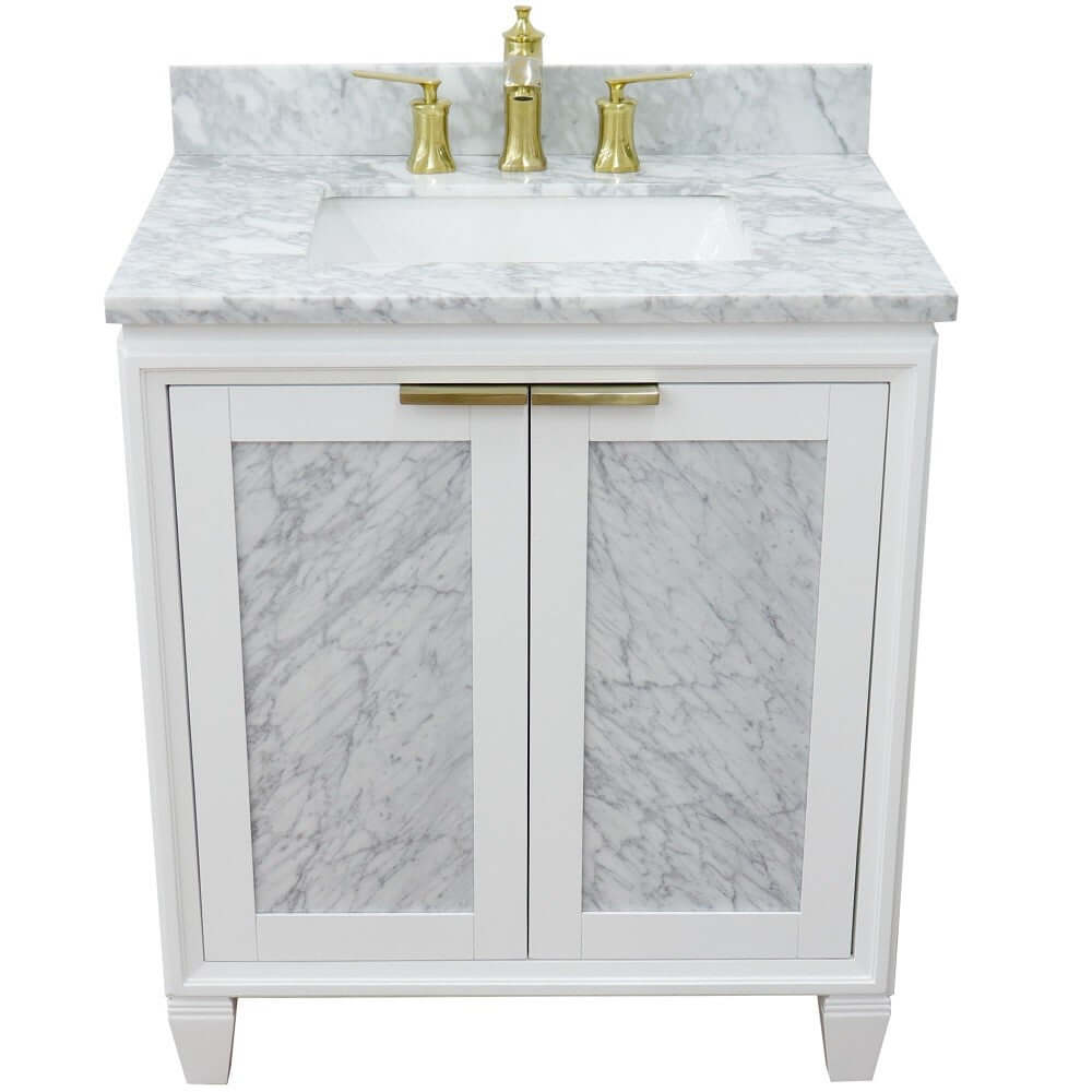 31" Single sink vanity in White finish with White Carrara marble with rectangle sink - 400990-31-WH-WMR