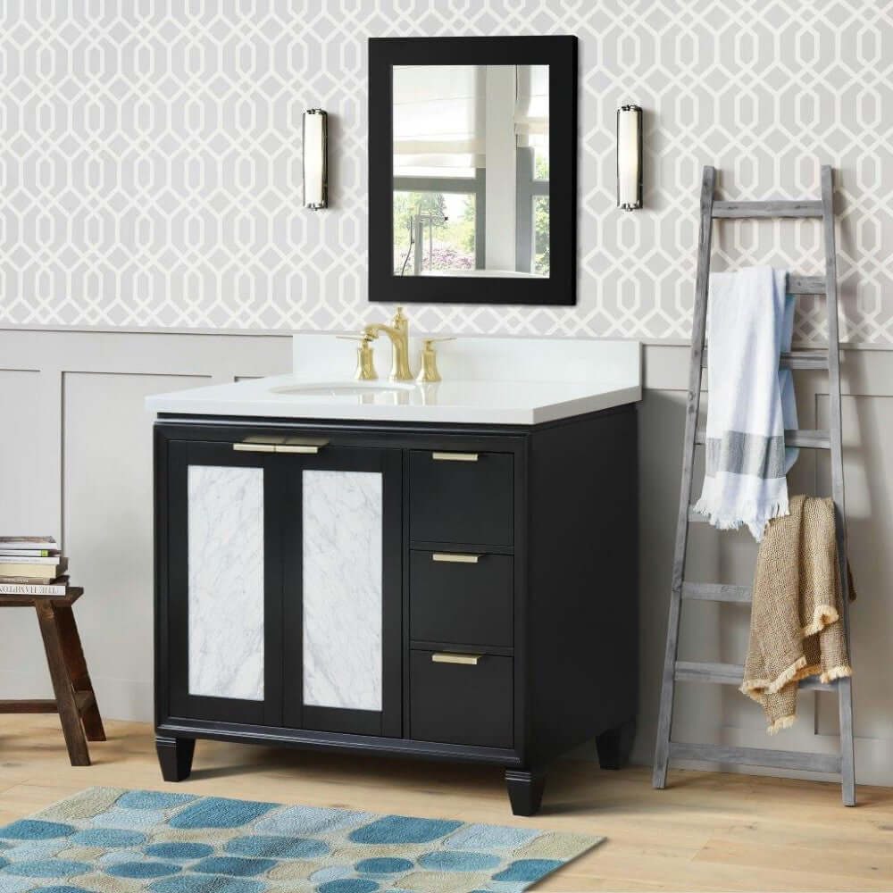 43" Single vanity in Black finish with White quartz and oval sink- Left door/Left sink - 400990-43L-BL-WEOL