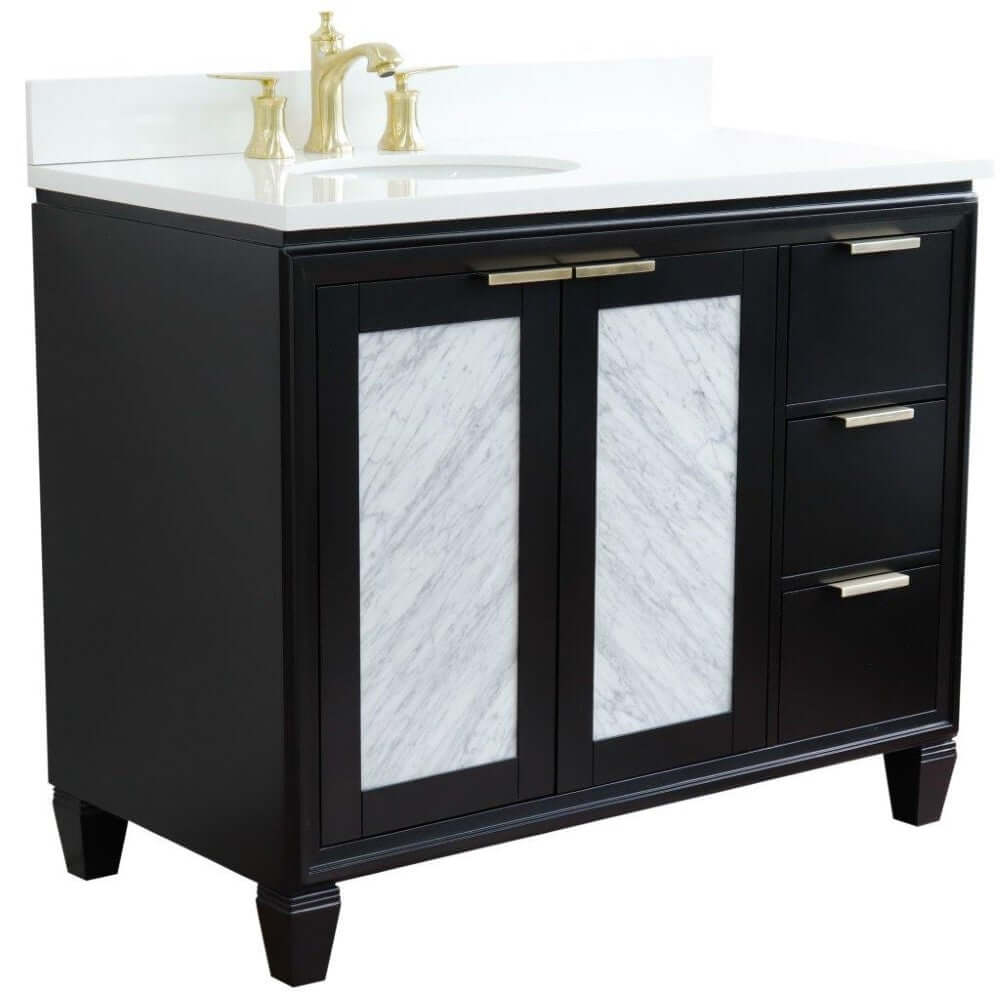 43" Single vanity in Black finish with White quartz and oval sink- Left door/Left sink - 400990-43L-BL-WEOL