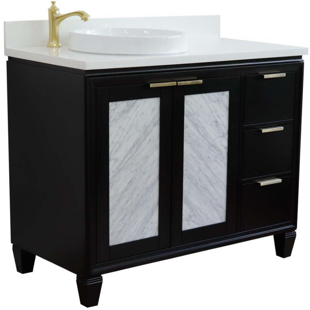 43" Single vanity in Black finish with White quartz and round sink- Left door/Left sink - 400990-43L-BL-WERDL