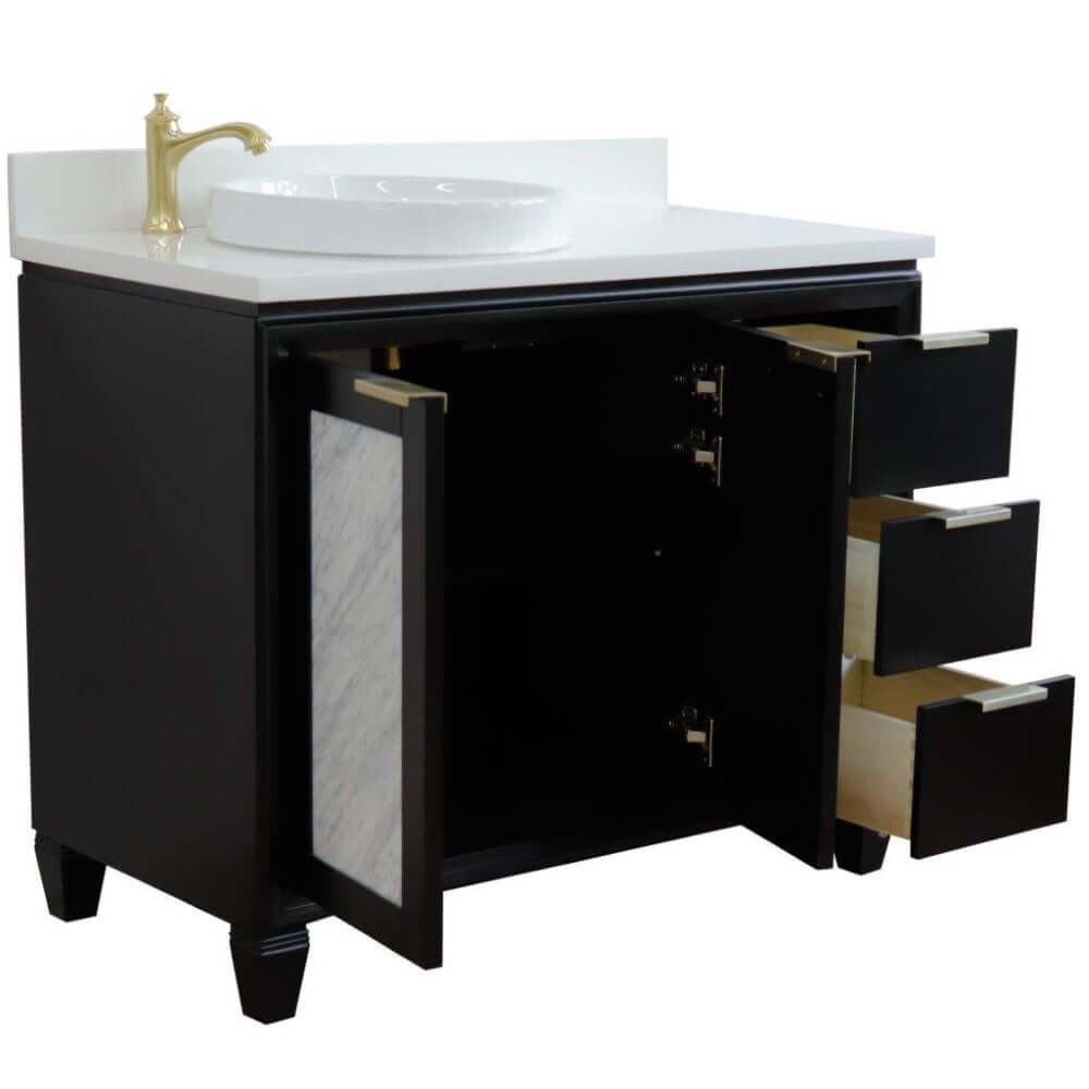 43" Single vanity in Black finish with White quartz and round sink- Left door/Left sink - 400990-43L-BL-WERDL