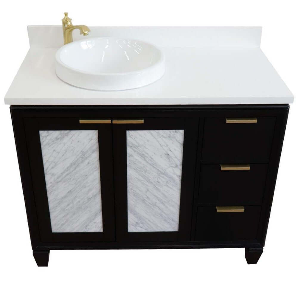 43" Single vanity in Black finish with White quartz and round sink- Left door/Left sink - 400990-43L-BL-WERDL