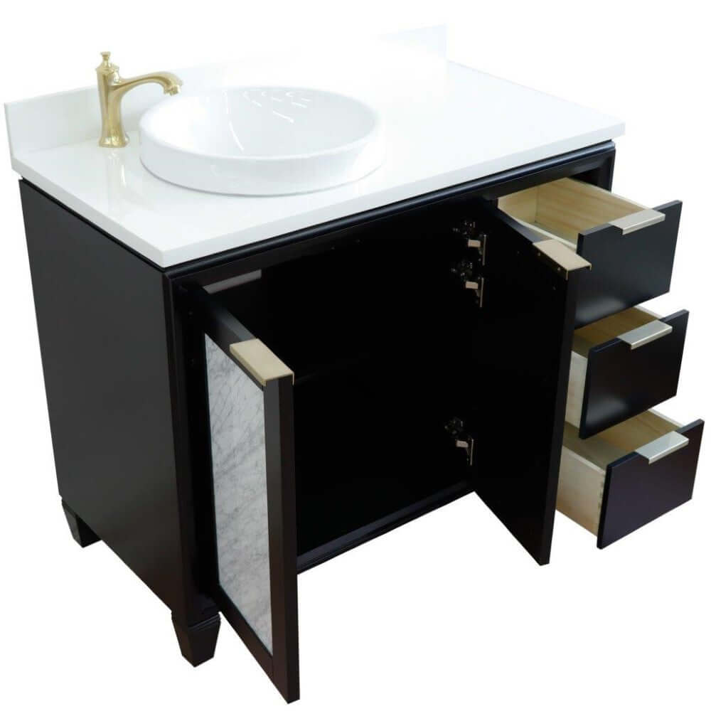 43" Single vanity in Black finish with White quartz and round sink- Left door/Left sink - 400990-43L-BL-WERDL