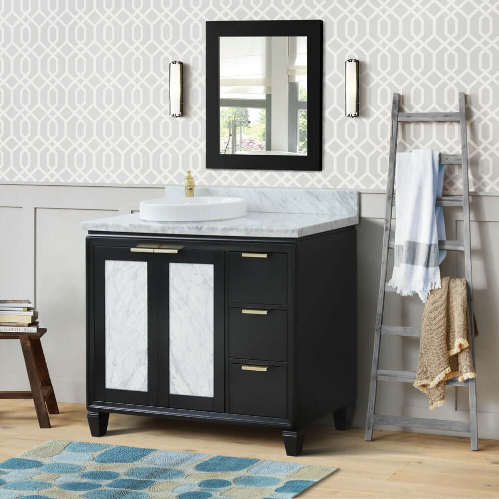 43" Single vanity in Black finish with White Carrara and round sink- Left door/Left sink - 400990-43L-BL-WMRDL