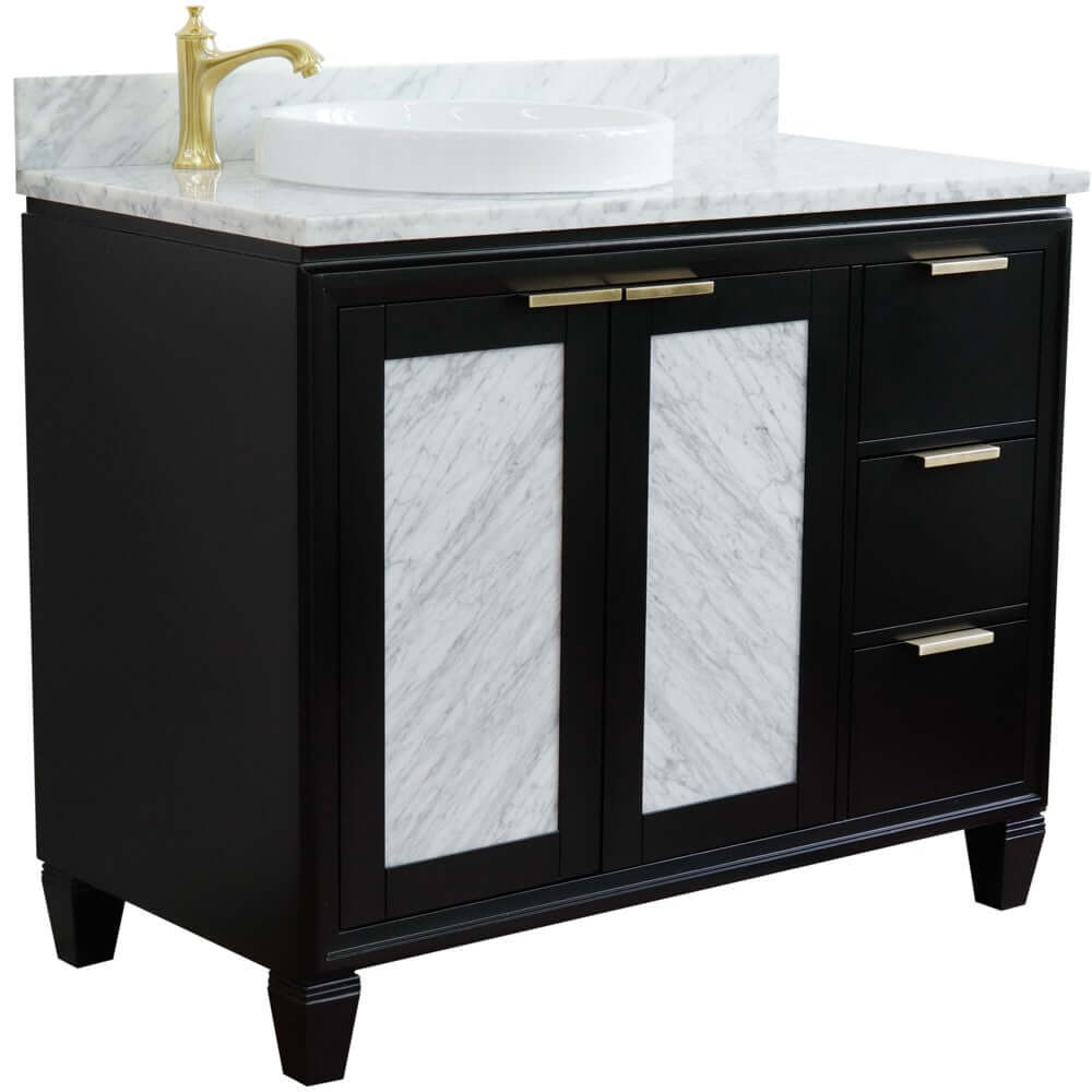 43" Single vanity in Black finish with White Carrara and round sink- Left door/Left sink - 400990-43L-BL-WMRDL