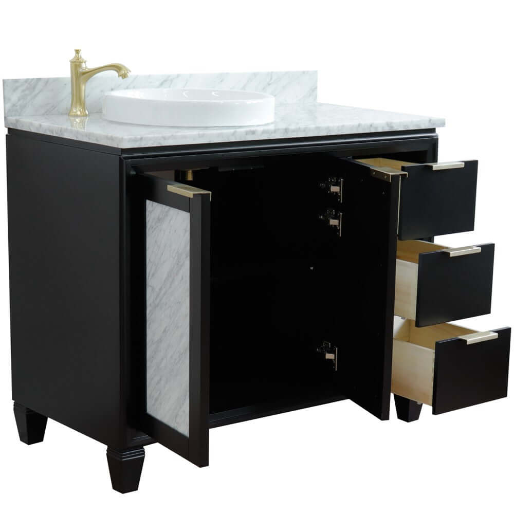 43" Single vanity in Black finish with White Carrara and round sink- Left door/Left sink - 400990-43L-BL-WMRDL