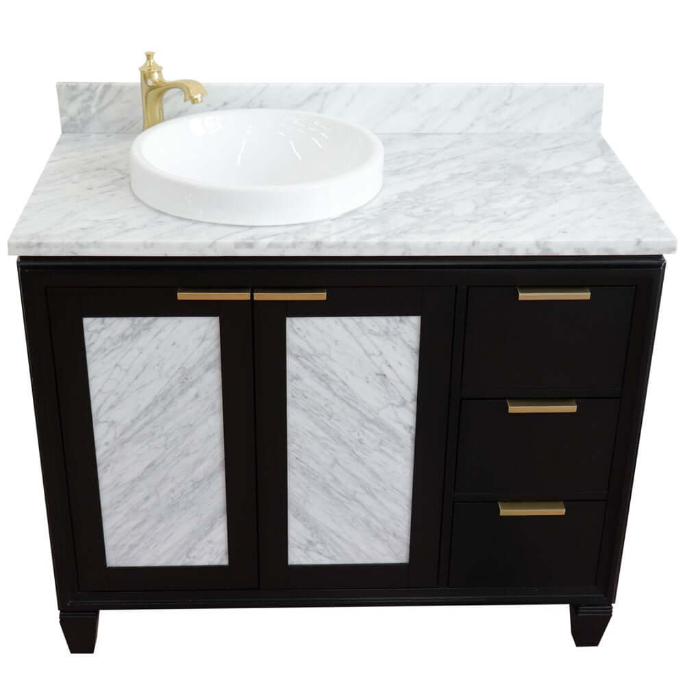 43" Single vanity in Black finish with White Carrara and round sink- Left door/Left sink - 400990-43L-BL-WMRDL