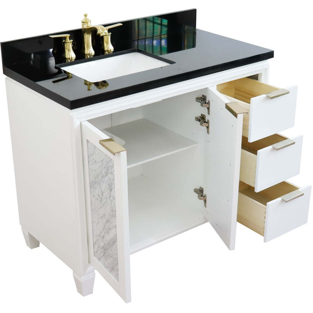 43" Single vanity in White finish with Black galaxy and rectangle sink- Left door/Left sink - 400990-43L-WH-BGRL