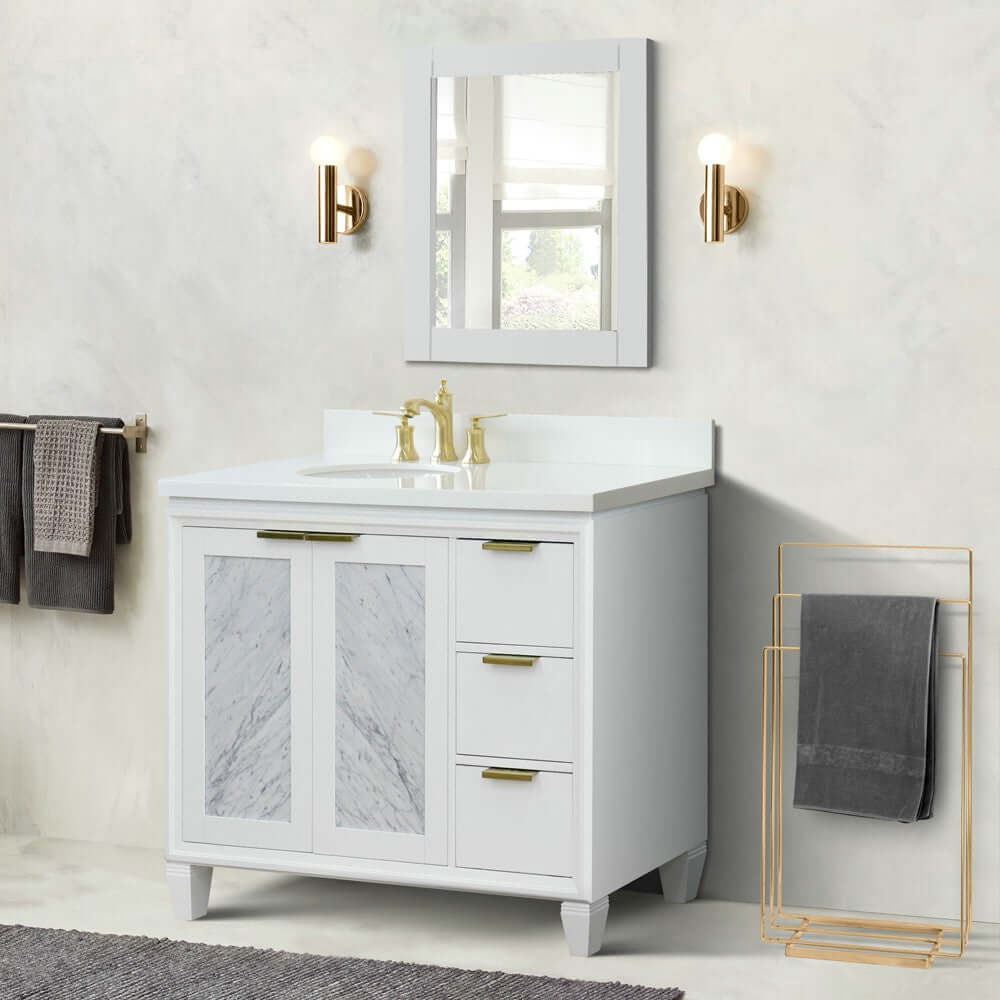 43" Single vanity in White finish with White quartz and oval sink- Left door/Left sink - 400990-43L-WH-WEOL