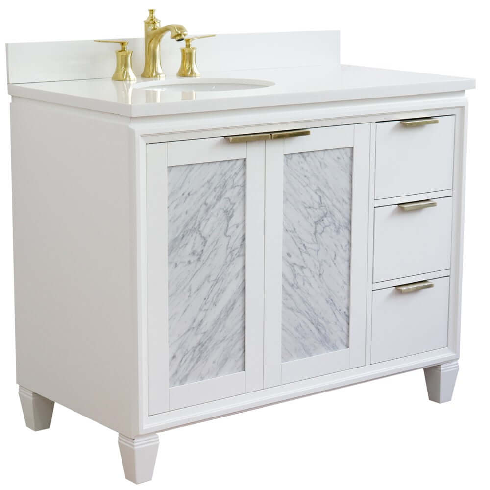 43" Single vanity in White finish with White quartz and oval sink- Left door/Left sink - 400990-43L-WH-WEOL