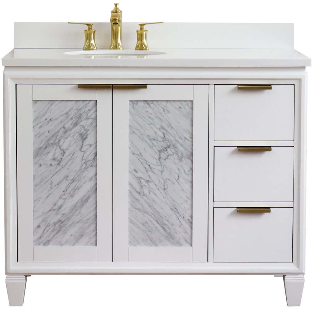 43" Single vanity in White finish with White quartz and oval sink- Left door/Left sink - 400990-43L-WH-WEOL