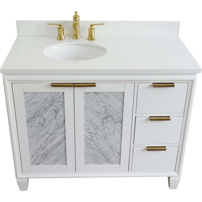 43" Single vanity in White finish with White quartz and oval sink- Left door/Left sink - 400990-43L-WH-WEOL