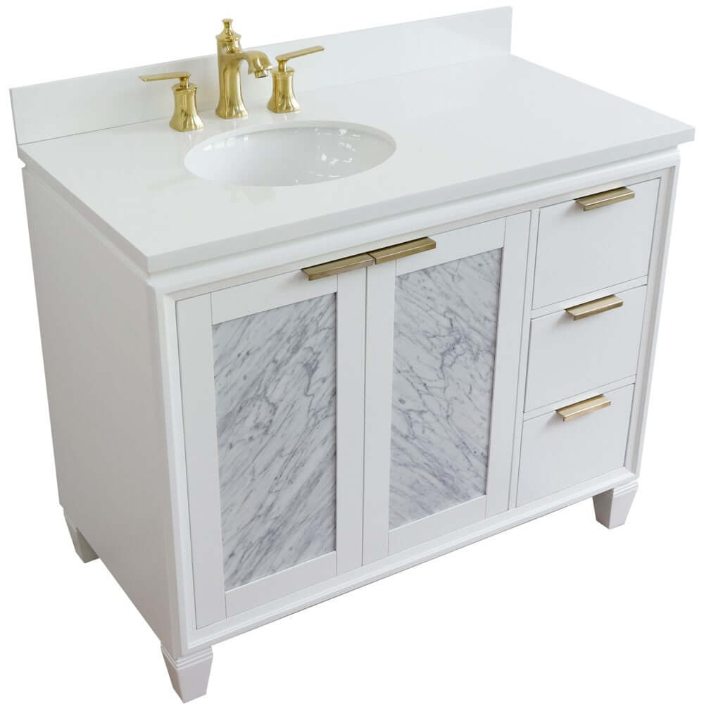 43" Single vanity in White finish with White quartz and oval sink- Left door/Left sink - 400990-43L-WH-WEOL