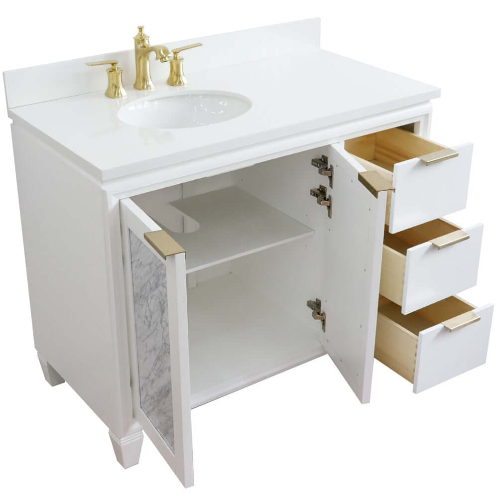 43" Single vanity in White finish with White quartz and oval sink- Left door/Left sink - 400990-43L-WH-WEOL