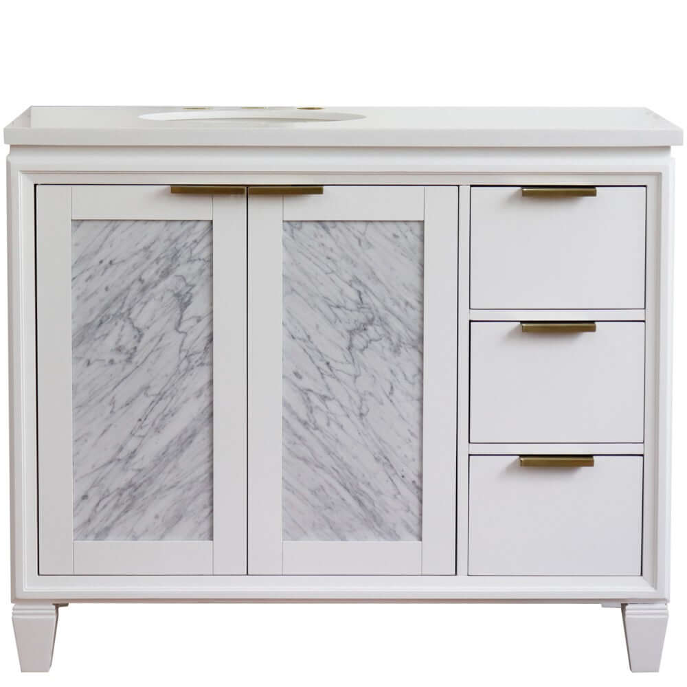 43" Single vanity in White finish with White quartz and oval sink- Left door/Left sink - 400990-43L-WH-WEOL