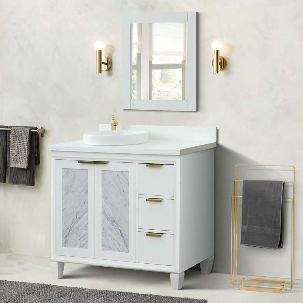 43" Single vanity in White finish with White quartz and round sink- Left door/Left sink - 400990-43L-WH-WERDL