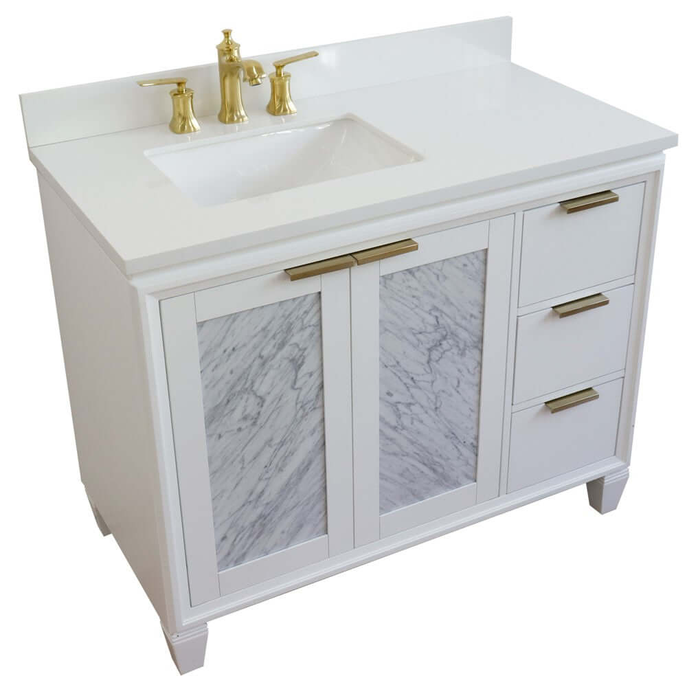 43" Single vanity in White finish with White quartz and rectangle sink- Left door/Left sink - 400990-43L-WH-WERL