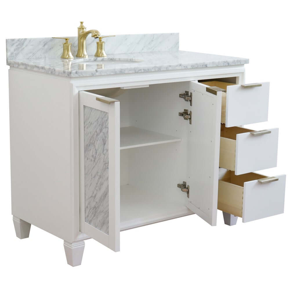 43" Single vanity in White finish with White Carrara and oval sink- Left door/Left sink - 400990-43L-WH-WMOL