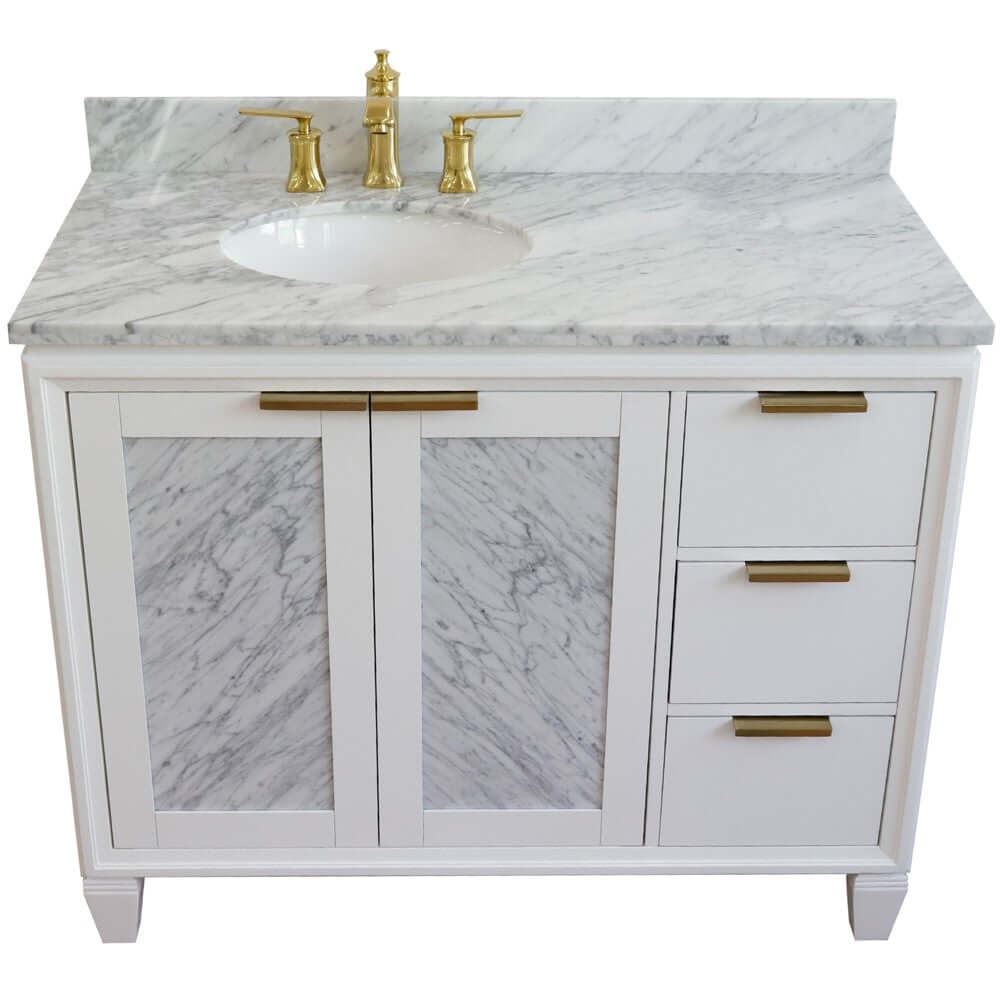 43" Single vanity in White finish with White Carrara and oval sink- Left door/Left sink - 400990-43L-WH-WMOL