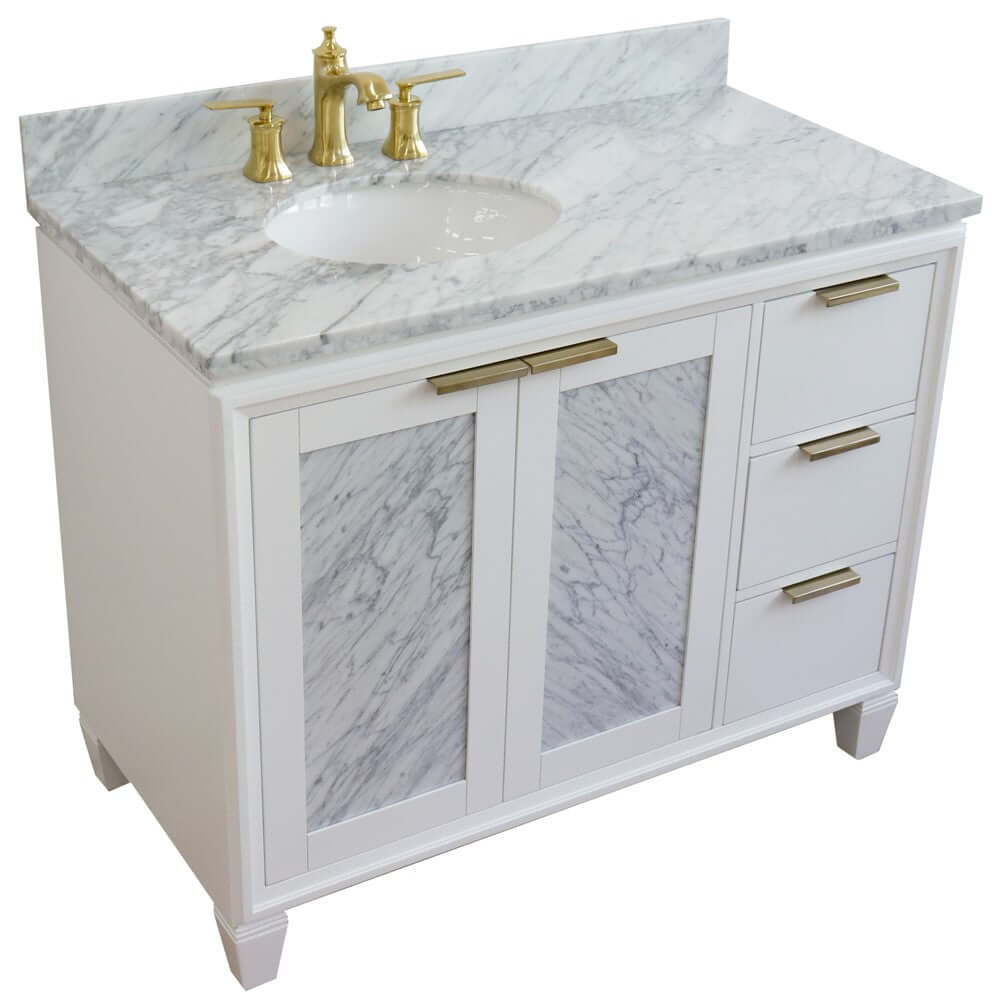 43" Single vanity in White finish with White Carrara and oval sink- Left door/Left sink - 400990-43L-WH-WMOL