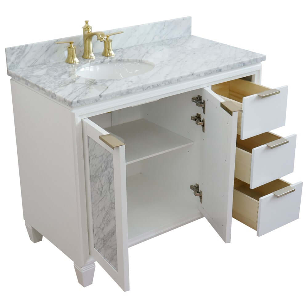 43" Single vanity in White finish with White Carrara and oval sink- Left door/Left sink - 400990-43L-WH-WMOL