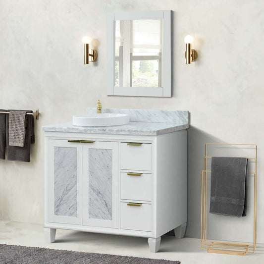 43" Single vanity in White finish with White Carrara and round sink- Left door/Left sink - 400990-43L-WH-WMRDL