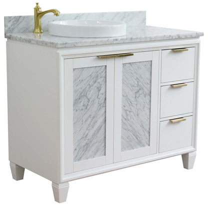 43" Single vanity in White finish with White Carrara and round sink- Left door/Left sink - 400990-43L-WH-WMRDL