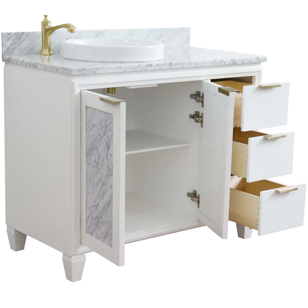 43" Single vanity in White finish with White Carrara and round sink- Left door/Left sink - 400990-43L-WH-WMRDL