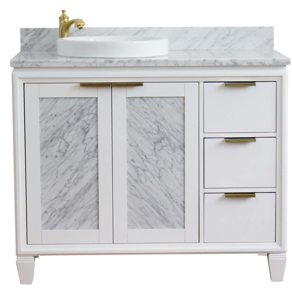 43" Single vanity in White finish with White Carrara and round sink- Left door/Left sink - 400990-43L-WH-WMRDL