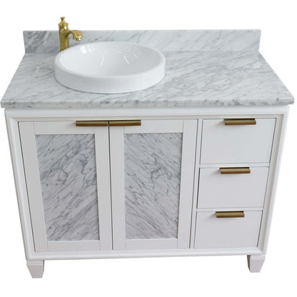 43" Single vanity in White finish with White Carrara and round sink- Left door/Left sink - 400990-43L-WH-WMRDL