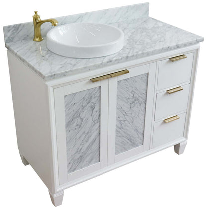 43" Single vanity in White finish with White Carrara and round sink- Left door/Left sink - 400990-43L-WH-WMRDL