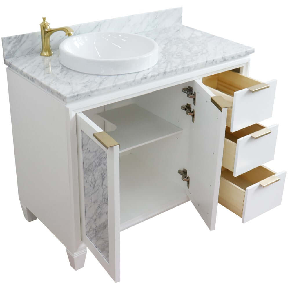 43" Single vanity in White finish with White Carrara and round sink- Left door/Left sink - 400990-43L-WH-WMRDL