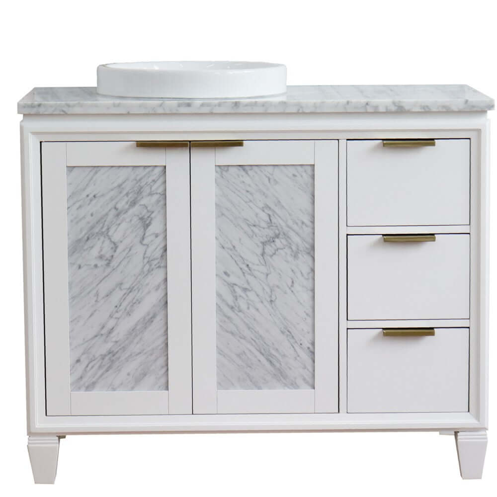 43" Single vanity in White finish with White Carrara and round sink- Left door/Left sink - 400990-43L-WH-WMRDL