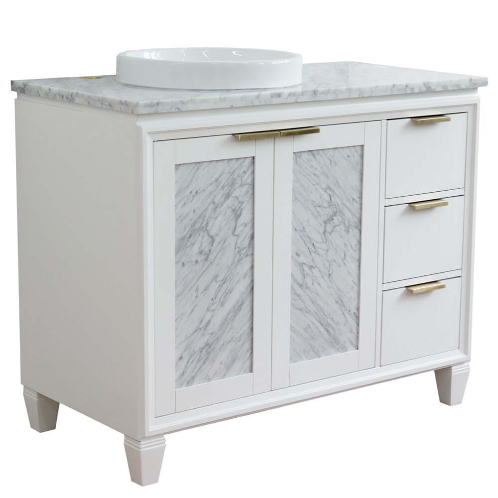 43" Single vanity in White finish with White Carrara and round sink- Left door/Left sink - 400990-43L-WH-WMRDL