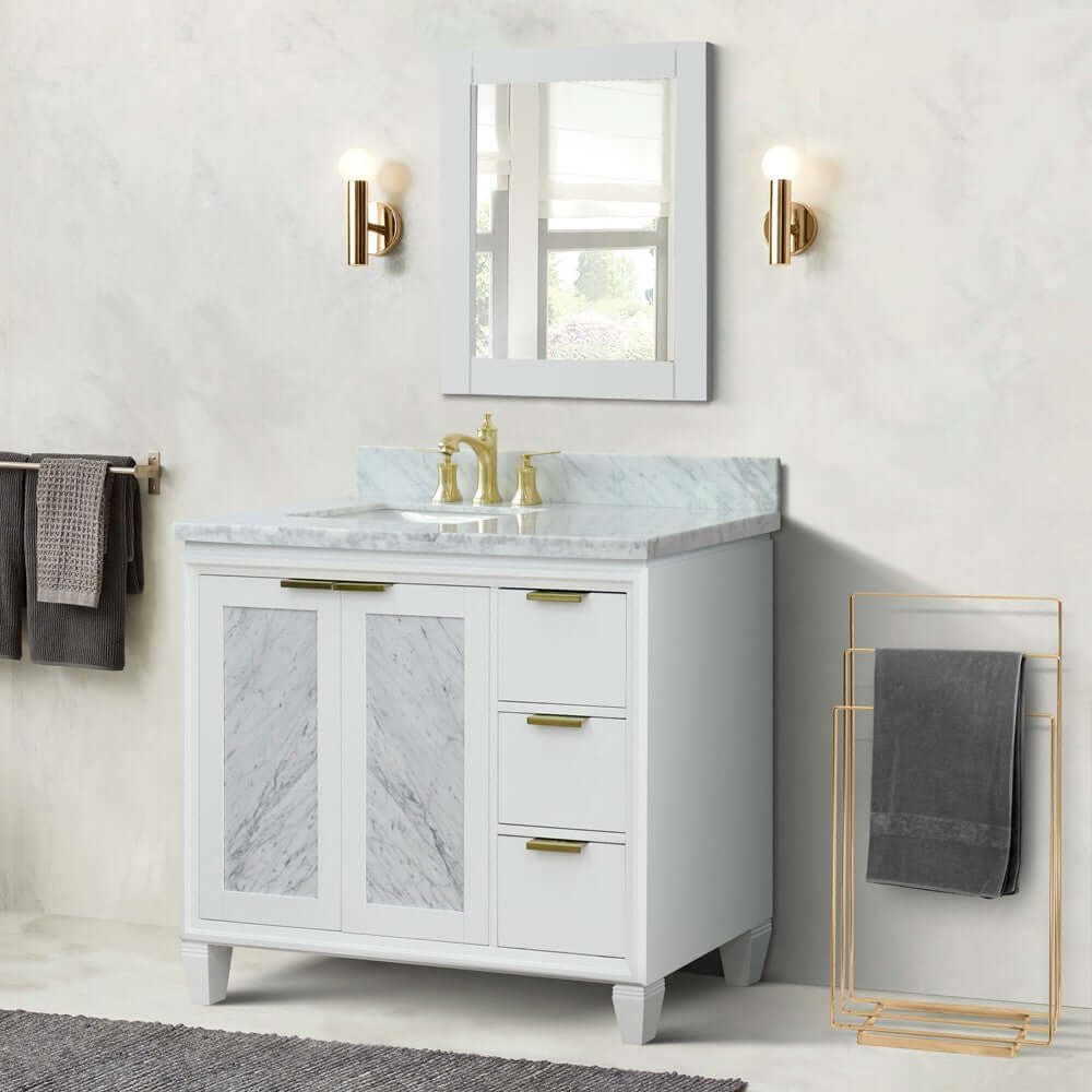 43" Single vanity in White finish with White Carrara and rectangle sink- Left door/Left sink - 400990-43L-WH-WMRL