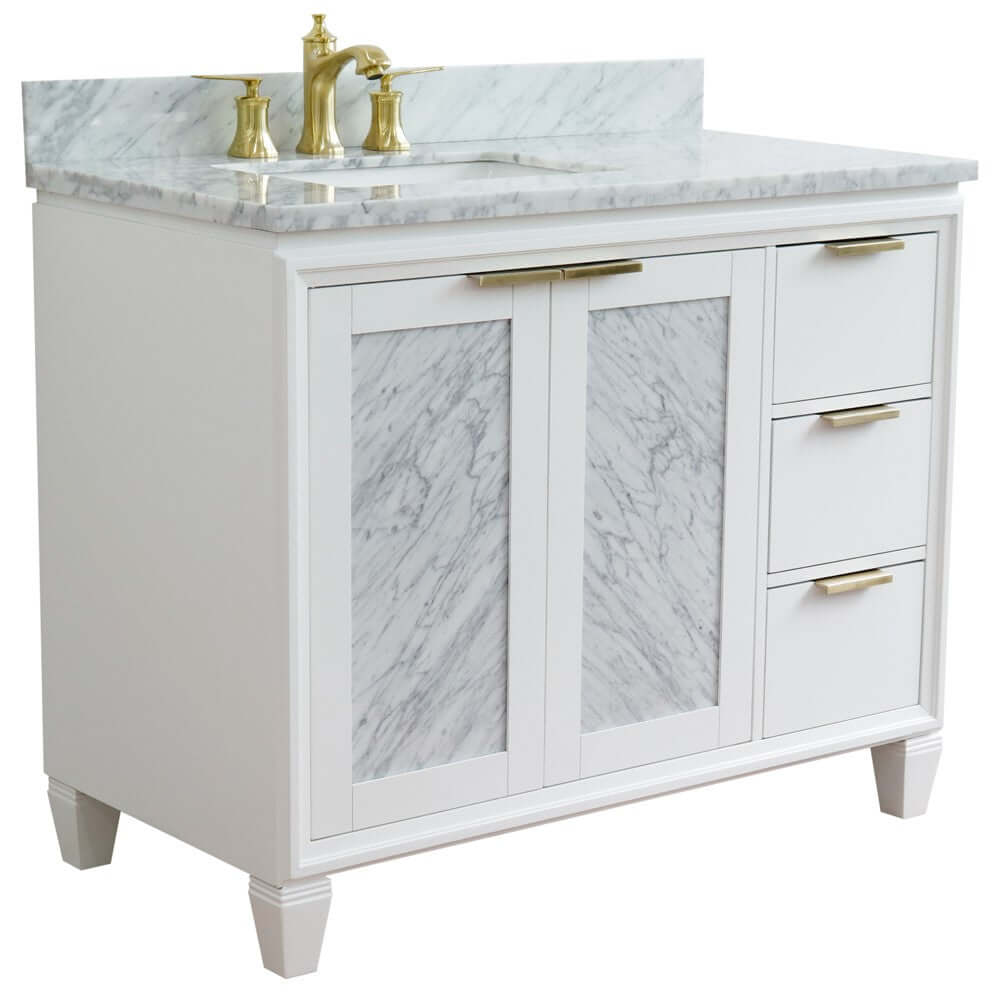 43" Single vanity in White finish with White Carrara and rectangle sink- Left door/Left sink - 400990-43L-WH-WMRL