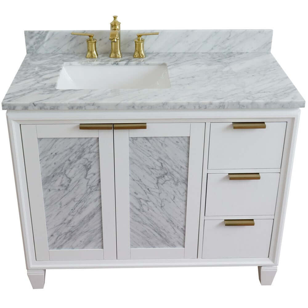 43" Single vanity in White finish with White Carrara and rectangle sink- Left door/Left sink - 400990-43L-WH-WMRL