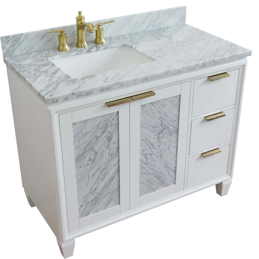 43" Single vanity in White finish with White Carrara and rectangle sink- Left door/Left sink - 400990-43L-WH-WMRL