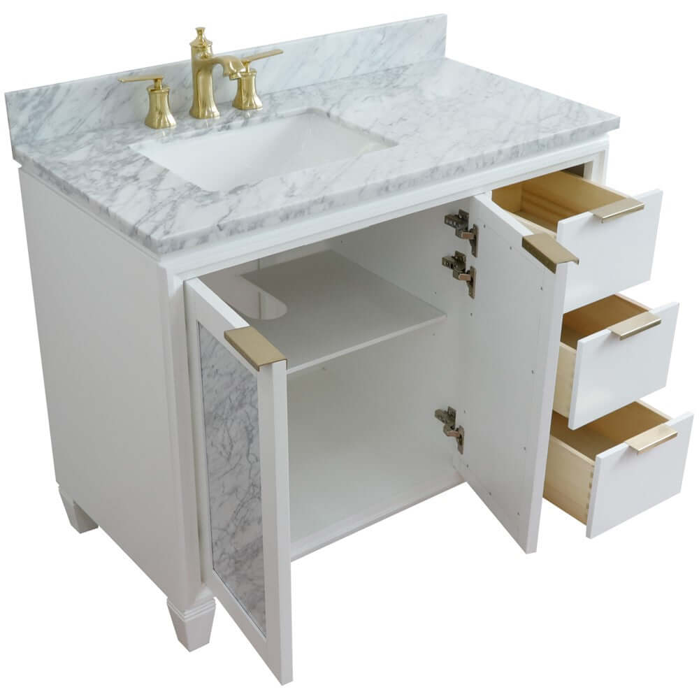 43" Single vanity in White finish with White Carrara and rectangle sink- Left door/Left sink - 400990-43L-WH-WMRL