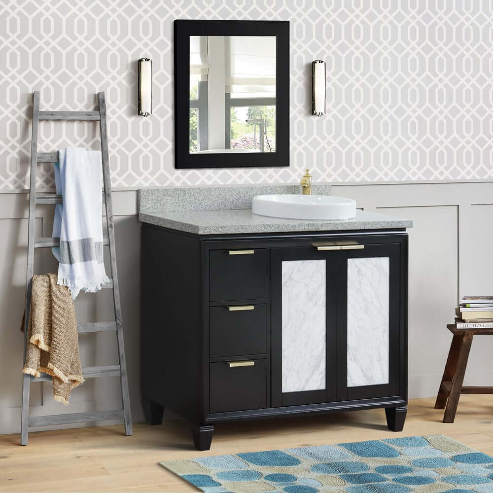 43" Single vanity in Black finish with Gray granite and round sink- Right door/Right sink - 400990-43R-BL-GYRDR