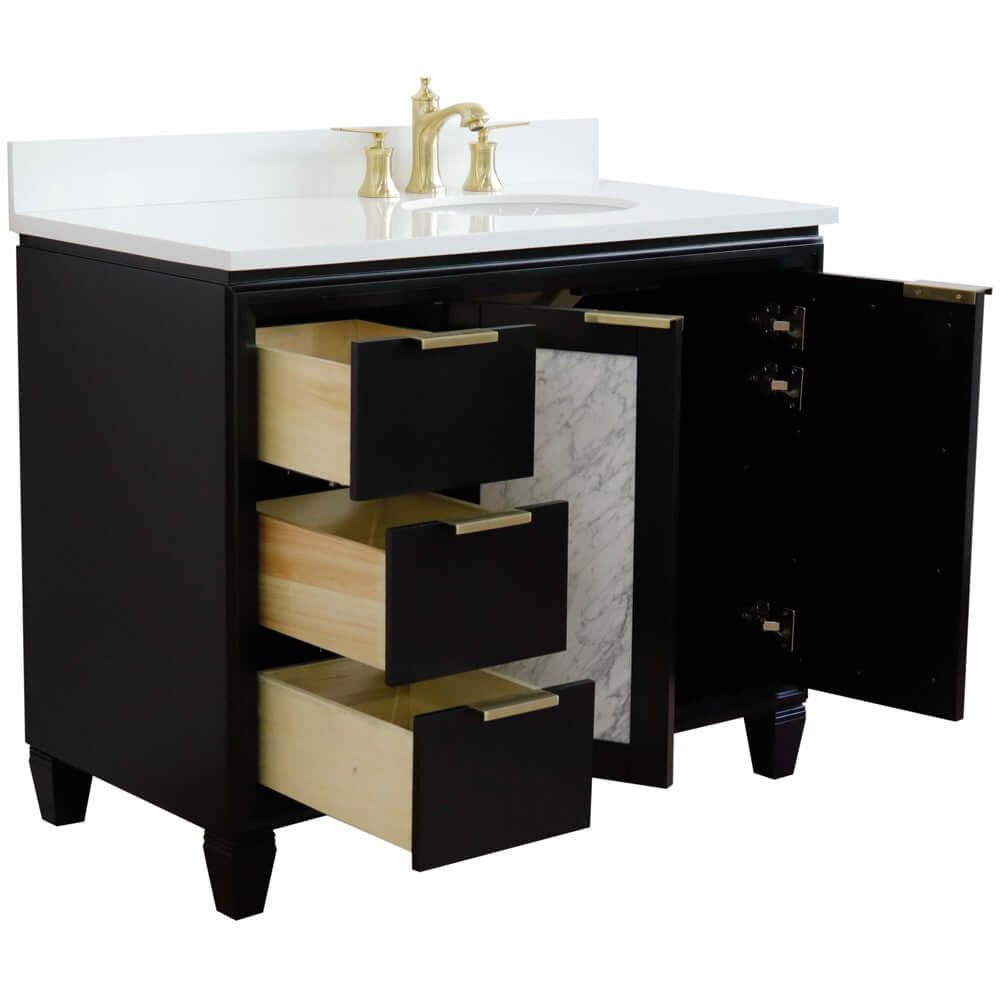 43" Single vanity in Black finish with White quartz and oval sink- Right door/Right sink - 400990-43R-BL-WEOR